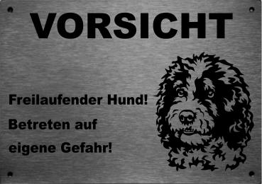 Edelstahl Warnschild Spanischer Waserhund VORSICHT Mein Haus mein Garten meine Familie