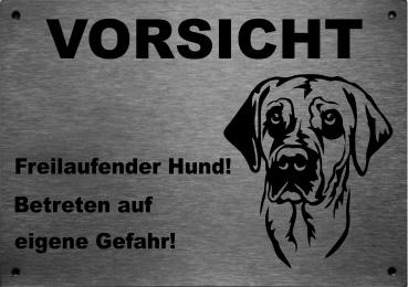 Edelstahl Warnschild Broholmer VORSICHT Freilaufender Hund! Betreten auf eigene Gefahr!
