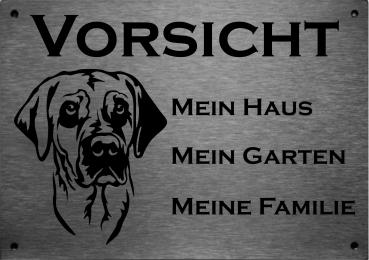 Edelstahl Warnschild Broholmer VORSICHT Mein Haus mein Garten meine Familie
