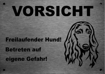 Edelstahl Warnschild Afghanischer Windhund VORSICHT Freilaufender Hund! Betreten auf eigene Gefahr!