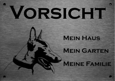 Edelstahl Warnschild Malinois VORSICHT Mein Haus mein Garten meine Familie