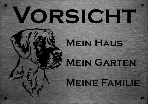 Edelstahl Warnschild Dänische Dogge VORSICHT Mein Haus mein Garten meine Familie