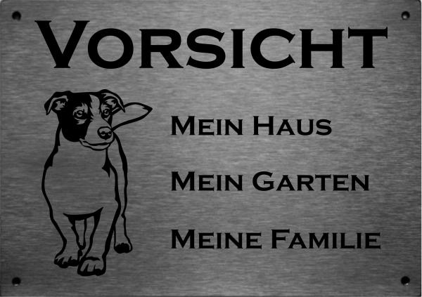 Edelstahl Warnschild Jack Russell VORSICHT Mein Haus mein Garten meine Familie