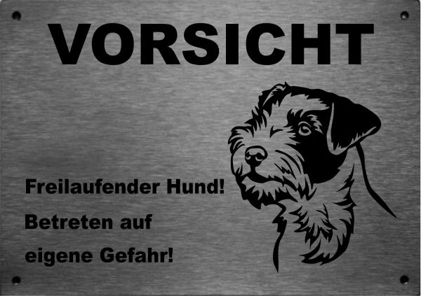 Edelstahl Warnschild Parson Russell Terrier VORSICHT Freilaufender Hund! Betreten auf eigene Gefahr!