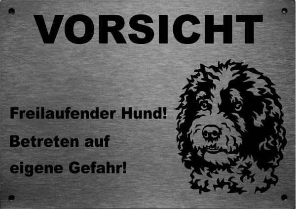 Edelstahl Warnschild Spanischer Waserhund VORSICHT Mein Haus mein Garten meine Familie