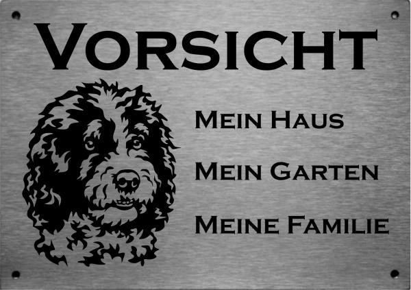 Edelstahl Warnschild Spanischer Wasserhund VORSICHT Hier wache ich!