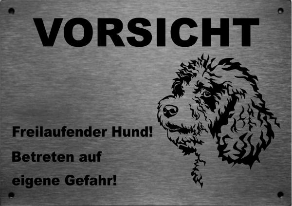 Edelstahl Warnschild Spanischer Waserhund VORSICHT Mein Haus mein Garten meine Familie