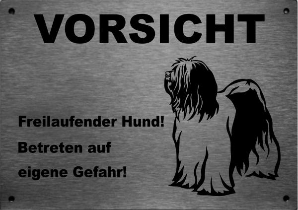 Edelstahl Warnschild Tibet Terrier VORSICHT Freilaufender Hund! Betreten auf eigene Gefahr!