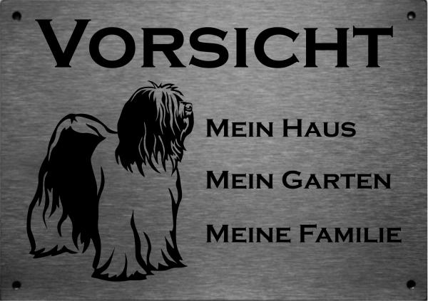 Edelstahl Warnschild Tibet Terrier VORSICHT Mein Haus mein Garten meine Familie