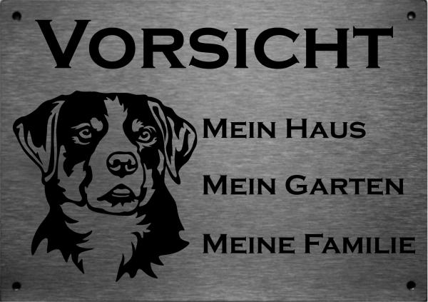 Edelstahl Warnschild Appenzeller Sennenhund VORSICHT Mein Haus mein Garten meine Familie