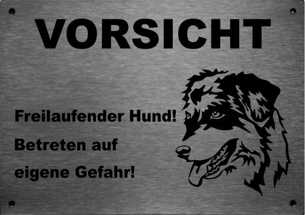 Edelstahl Hundeschild Australian Shepherd VORSICHT Freilaufender Hund! Betreten auf eigene Gefahr!