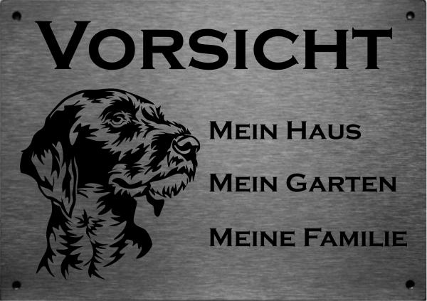 Edelstahl Warnschild Deutsch Drahthaar VORSICHT Mein Haus mein Garten meine Familie