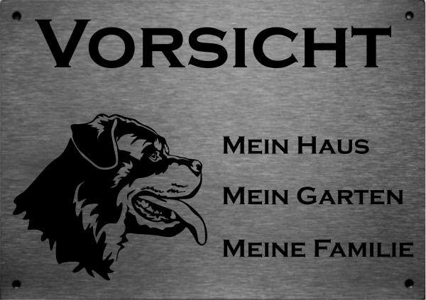 Edelstahl Warnschild Rottweiler VORSICHT Mein Haus mein Garten meine Familie