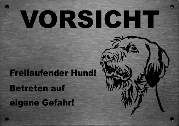 Edelstahl Warnschild Wirehaired Vizsla VORSICHT Freilaufender Hund! Betreten auf eigene Gefahr!