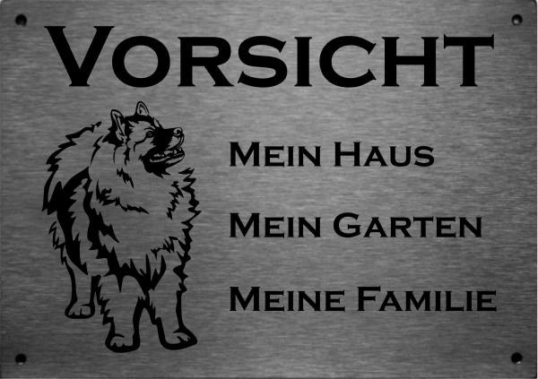 Edelstahl Warnschild Wolfspitz VORSICHT Mein Haus mein Garten meine Familie